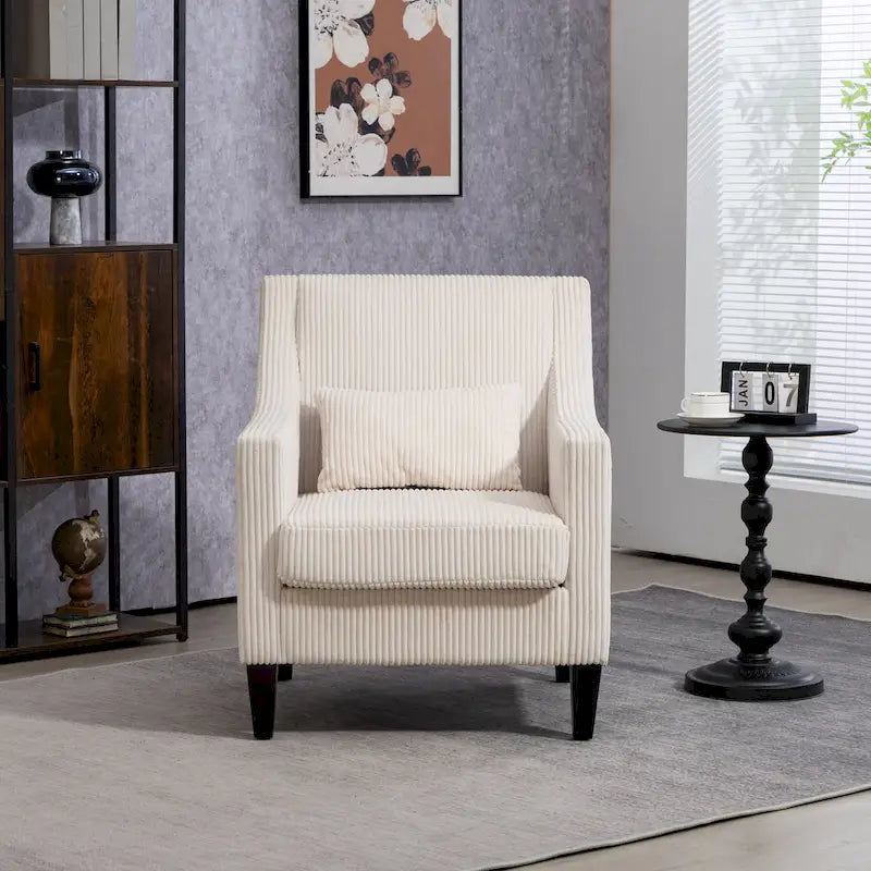 Fauteuil d'appoint rembourré beige avec accoudoirs incurvés et pieds en bois d'hévéa