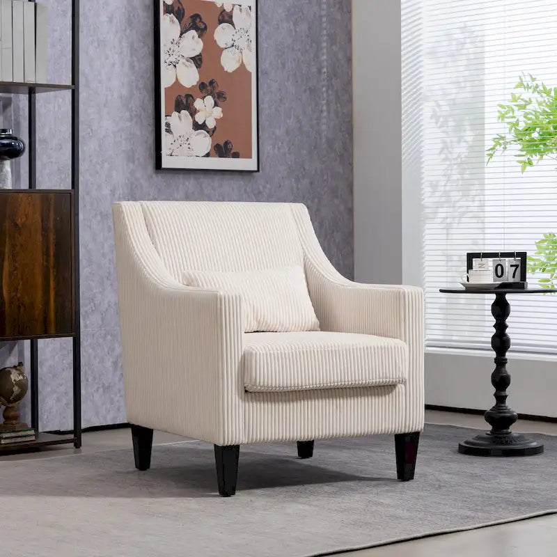 Fauteuil d'appoint rembourré beige avec accoudoirs incurvés et pieds en bois d'hévéa