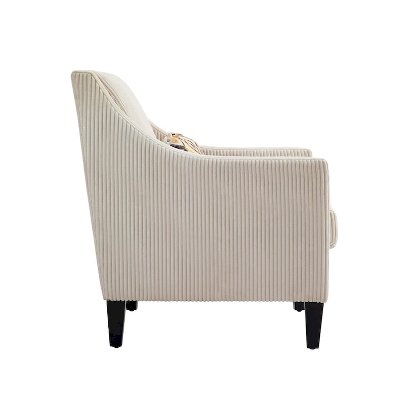 Fauteuil d'appoint rembourré beige avec accoudoirs incurvés et pieds en bois d'hévéa