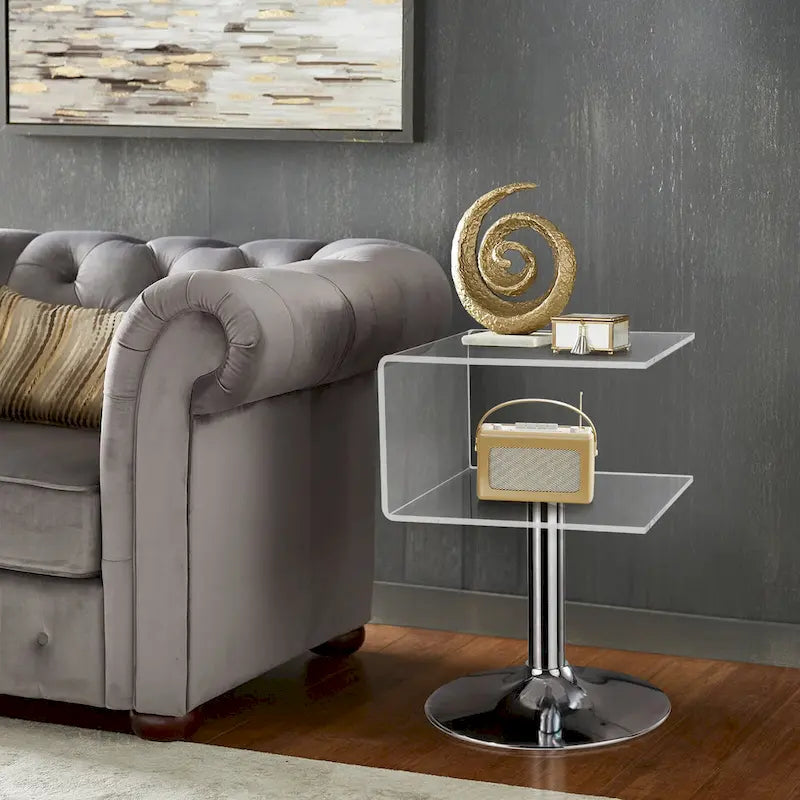 Table d'appoint en acrylique double couche en forme de C, 59,9 cm H x 40,1 cm l x 40,1 cm L