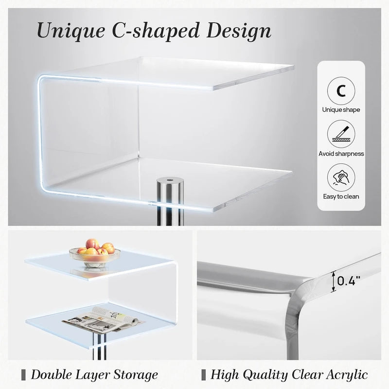 Table d'appoint en acrylique double couche en forme de C, 59,9 cm H x 40,1 cm l x 40,1 cm L