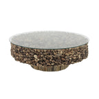 Driftwood Handmade Collage and Pedestal Base Coffee Table with Tempered Glass Top - Brown - Roche River Decor