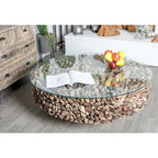 Table basse ronde avec base en bois recyclé et plateau en verre – Marron