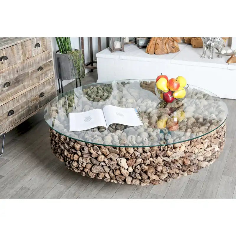 Table basse ronde avec base en bois recyclé et plateau en verre – Marron