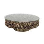 Table basse ronde avec base en bois recyclé et plateau en verre – Marron