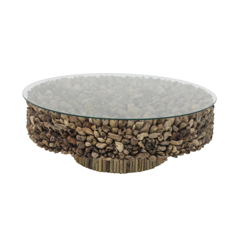 Table basse ronde avec base en bois recyclé et plateau en verre – Marron