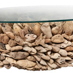 Table basse ronde avec base en bois recyclé et plateau en verre – Marron
