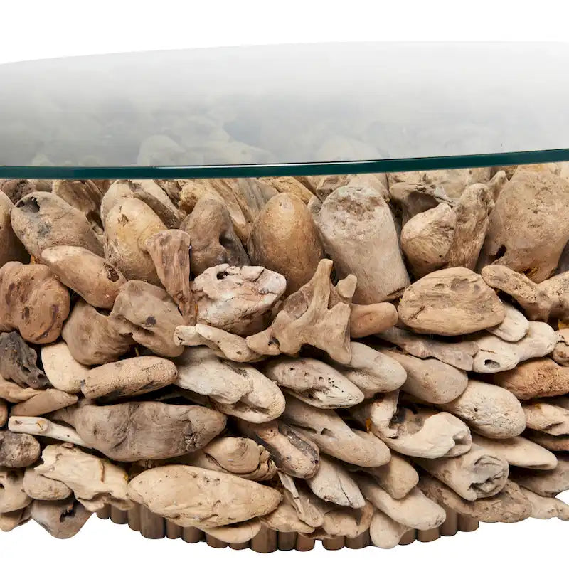 Table basse ronde avec base en bois recyclé et plateau en verre – Marron