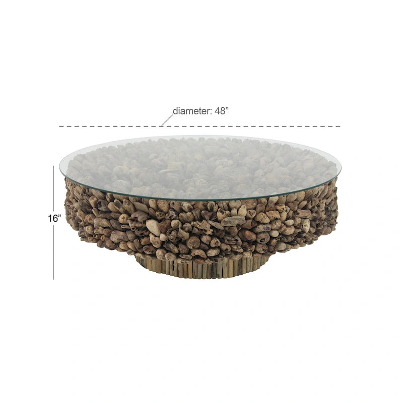 Table basse ronde avec base en bois recyclé et plateau en verre – Marron