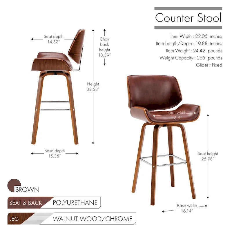 Tabouret de comptoir pivotant avec assise en cuir PU et pieds en bois