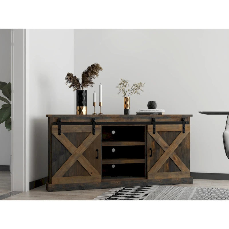 Meuble TV d'angle de 66 pouces, style ferme, pour téléviseurs jusqu'à 80 pouces, finition bois de grange