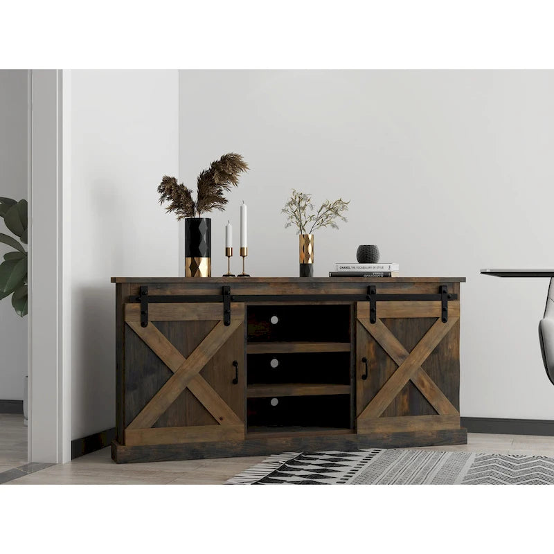 Meuble TV d'angle de 66 pouces, style ferme, pour téléviseurs jusqu'à 80 pouces, finition bois de grange