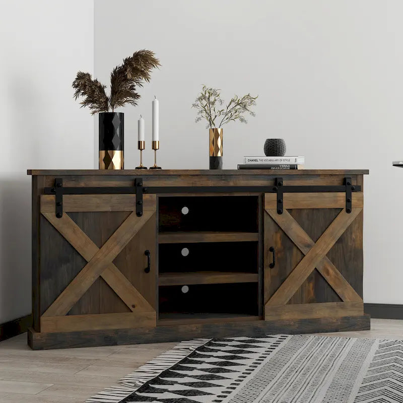 Meuble TV d'angle de 66 pouces, style ferme, pour téléviseurs jusqu'à 80 pouces, finition bois de grange