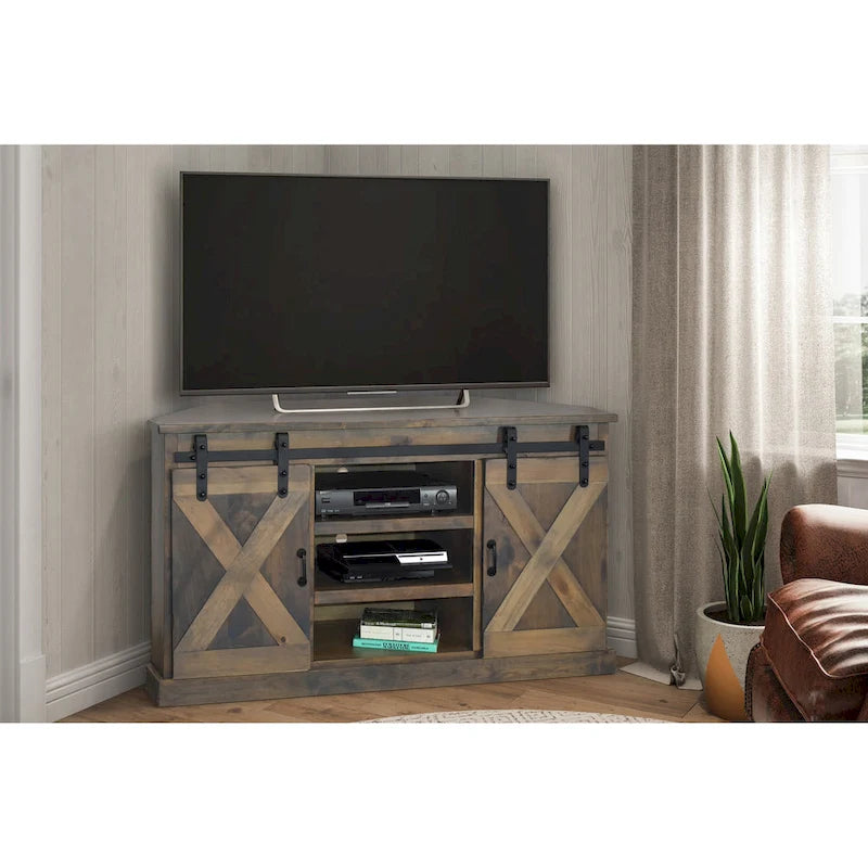 Meuble TV d'angle de 66 pouces, style ferme, pour téléviseurs jusqu'à 80 pouces, finition bois de grange