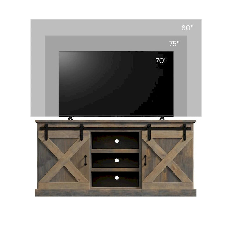Meuble TV d'angle de 66 pouces, style ferme, pour téléviseurs jusqu'à 80 pouces, finition bois de grange