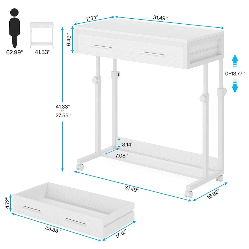 Table d'appoint réglable en hauteur avec tiroirs et roulettes