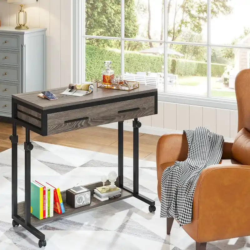 Table d'appoint réglable en hauteur avec tiroirs et roulettes