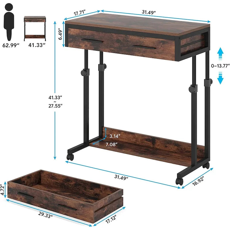Table d'appoint réglable en hauteur avec tiroirs et roulettes