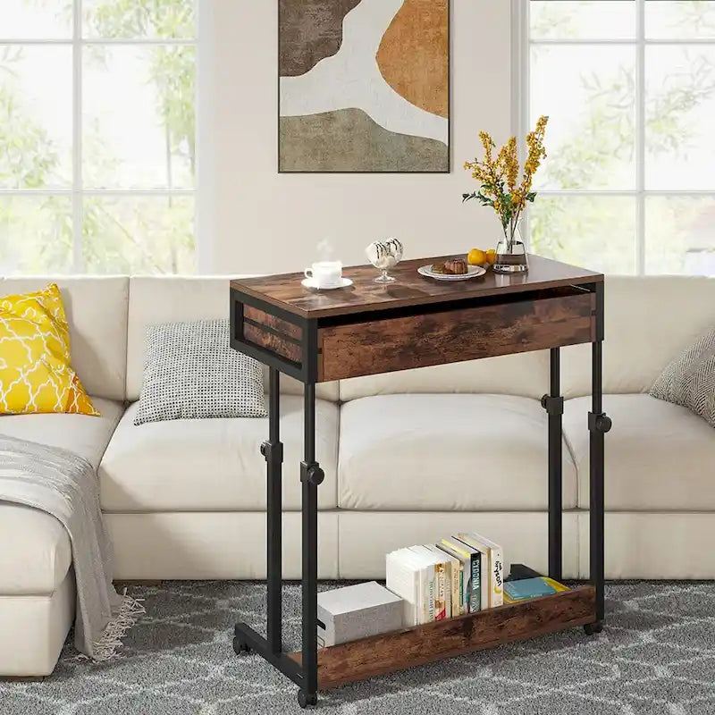 Table d'appoint réglable en hauteur avec tiroirs et roulettes