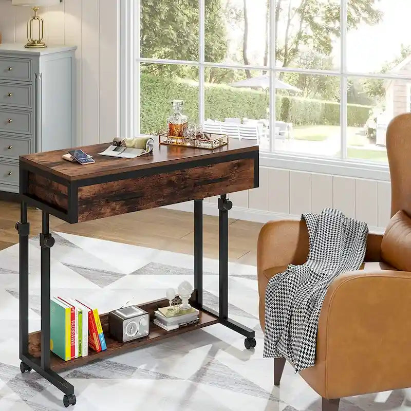 Table d'appoint réglable en hauteur avec tiroirs et roulettes
