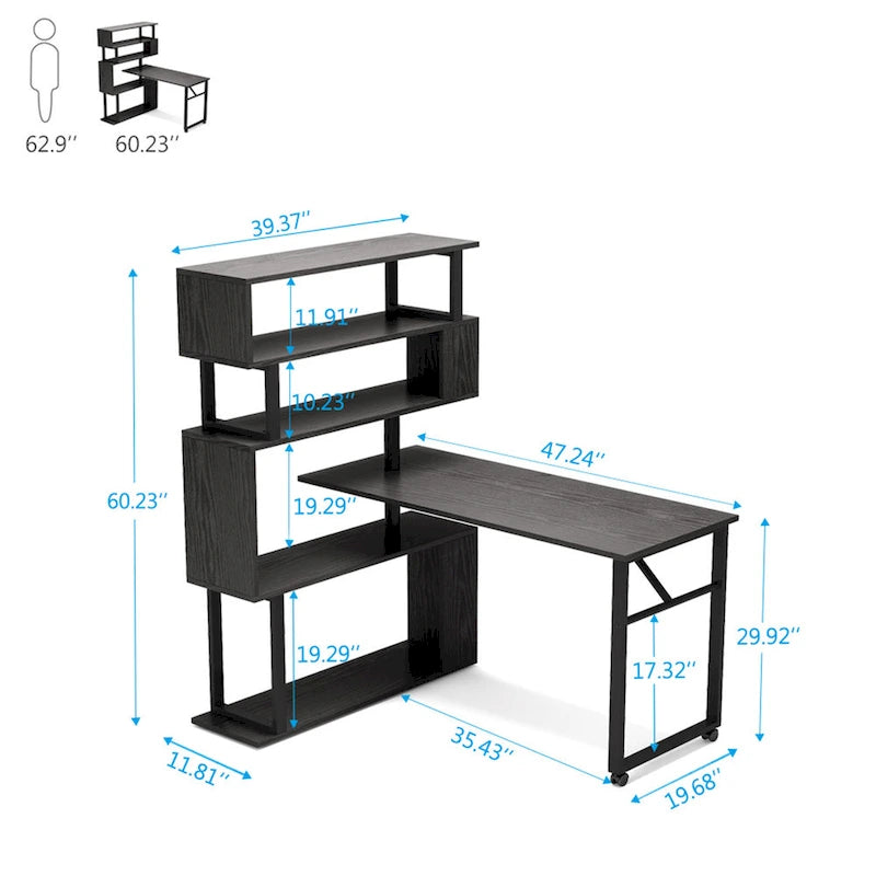 Bureau d'angle avec bibliothèque à 5 étagères