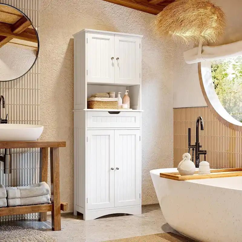 Armoire de rangement autoportante avec tiroir et étagères réglables