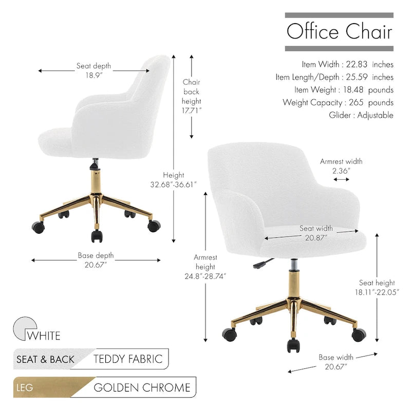 Chaise de bureau pivotante en tissu Teddy avec pieds chromés dorés