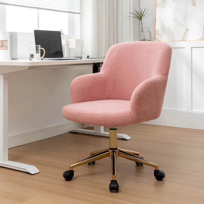 Chaise de bureau pivotante en tissu Teddy avec pieds chromés dorés