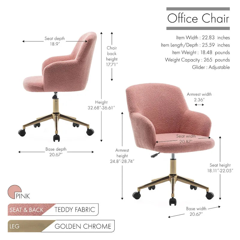 Chaise de bureau pivotante en tissu Teddy avec pieds chromés dorés