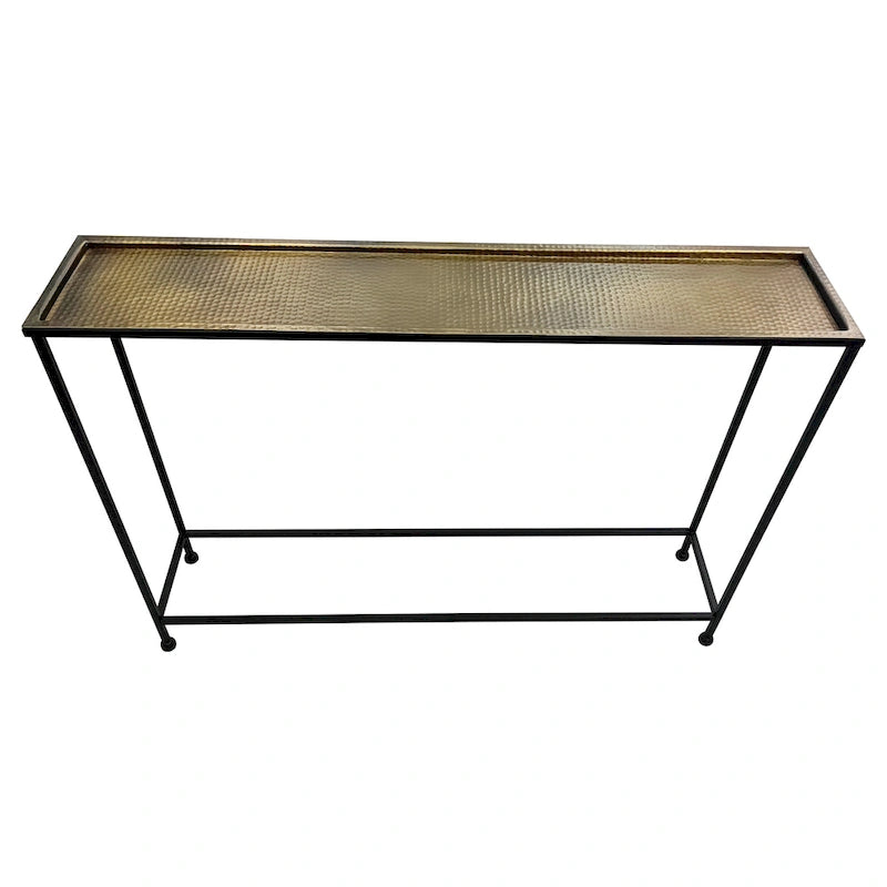 Table console de 48 pouces avec plateau de style plateau en bronze antique martelé et piètement en fer noir