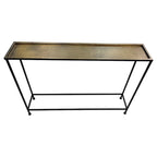 Table console de 48 pouces avec plateau de style plateau en bronze antique martelé et piètement en fer noir