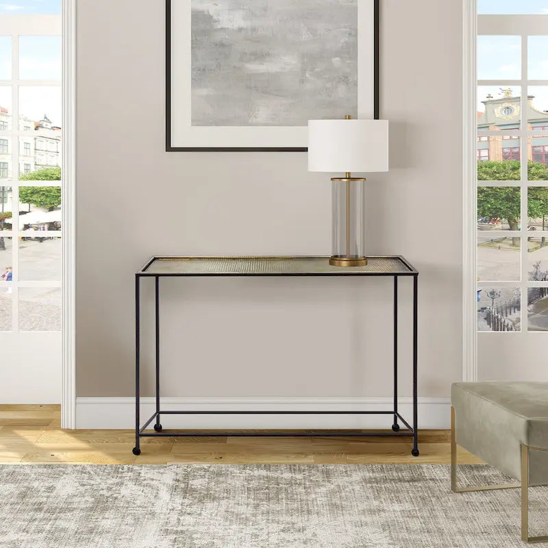 Table console de 48 pouces avec plateau de style plateau en bronze antique martelé et piètement en fer noir