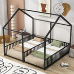 Lit plateforme en forme de maison pour enfants, taille jumeau, 2-en-1 avec barrières de sécurité, cadre en métal
