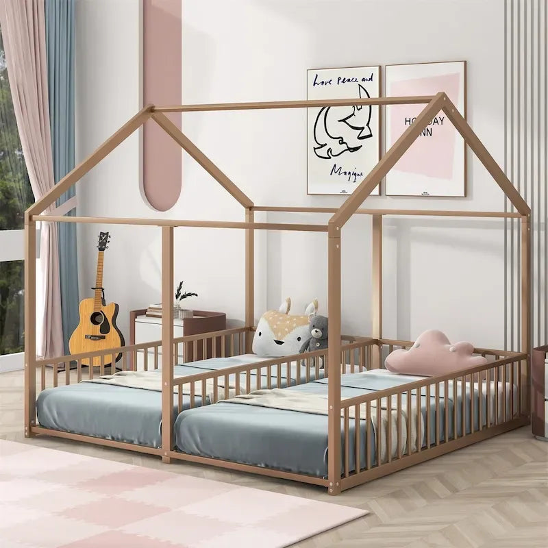 Lit plateforme en forme de maison pour enfants, taille jumeau, 2-en-1 avec barrières de sécurité, cadre en métal
