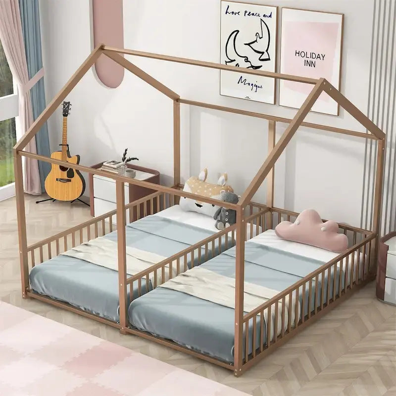 Lit plateforme en forme de maison pour enfants, taille jumeau, 2-en-1 avec barrières de sécurité, cadre en métal