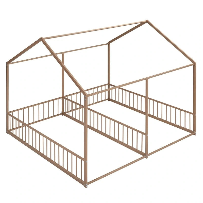 Lit plateforme en forme de maison pour enfants, taille jumeau, 2-en-1 avec barrières de sécurité, cadre en métal