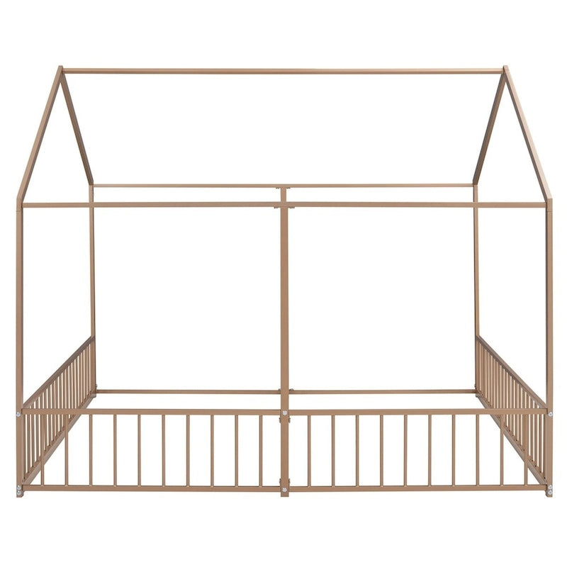 Lit plateforme en forme de maison pour enfants, taille jumeau, 2-en-1 avec barrières de sécurité, cadre en métal