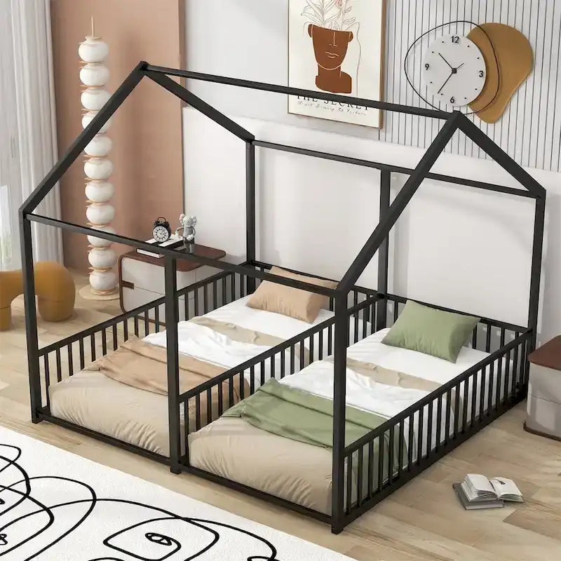 Lit plateforme en forme de maison pour enfants, taille jumeau, 2-en-1 avec barrières de sécurité, cadre en métal