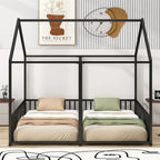 Lit plateforme en forme de maison pour enfants, taille jumeau, 2-en-1 avec barrières de sécurité, cadre en métal