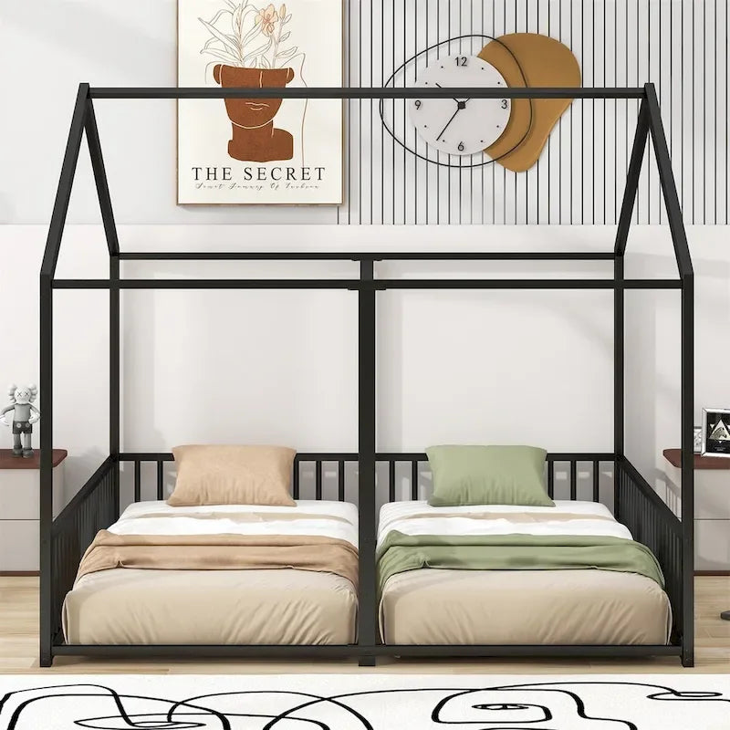 Lit plateforme en forme de maison pour enfants, taille jumeau, 2-en-1 avec barrières de sécurité, cadre en métal