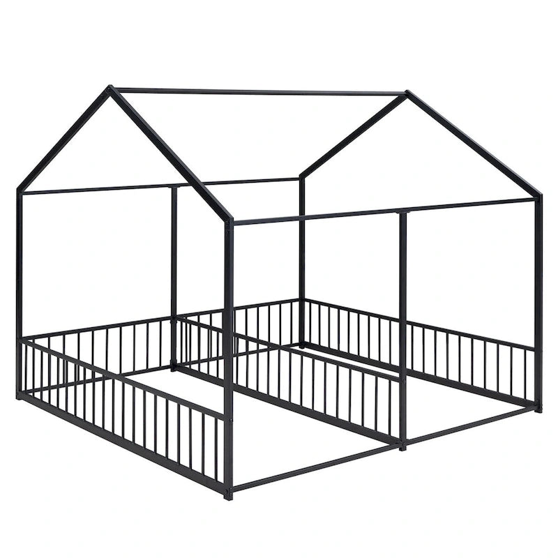 Lit plateforme en forme de maison pour enfants, taille jumeau, 2-en-1 avec barrières de sécurité, cadre en métal