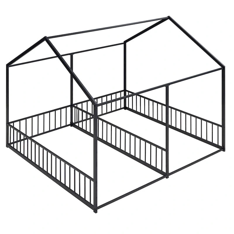 Lit plateforme en forme de maison pour enfants, taille jumeau, 2-en-1 avec barrières de sécurité, cadre en métal