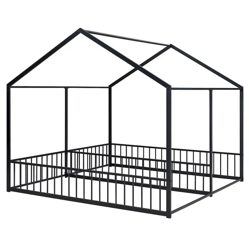 Lit plateforme en forme de maison pour enfants, taille jumeau, 2-en-1 avec barrières de sécurité, cadre en métal
