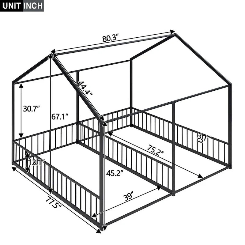 Lit plateforme en forme de maison pour enfants, taille jumeau, 2-en-1 avec barrières de sécurité, cadre en métal