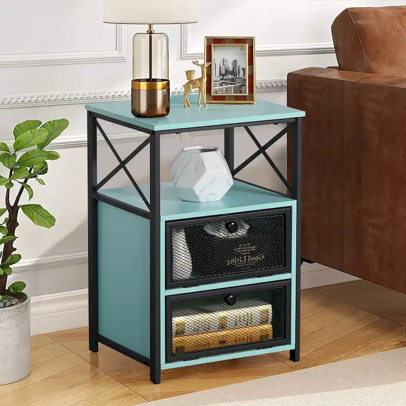 Table de chevet compacte avec 2 tiroirs à abattant et étagère de rangement