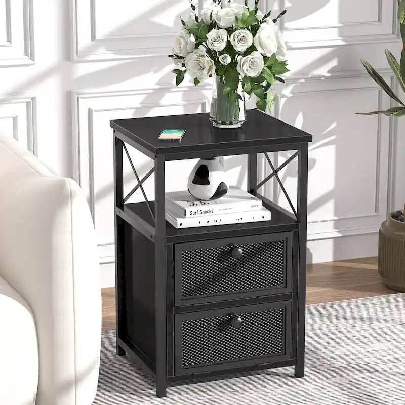 Table de chevet compacte avec 2 tiroirs à abattant et étagère de rangement
