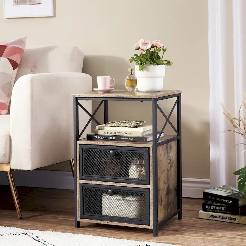 Table de chevet compacte avec 2 tiroirs à abattant et étagère de rangement