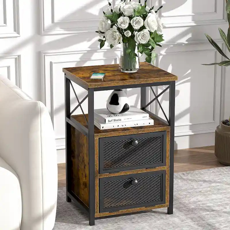 Table de chevet compacte avec 2 tiroirs à abattant et étagère de rangement