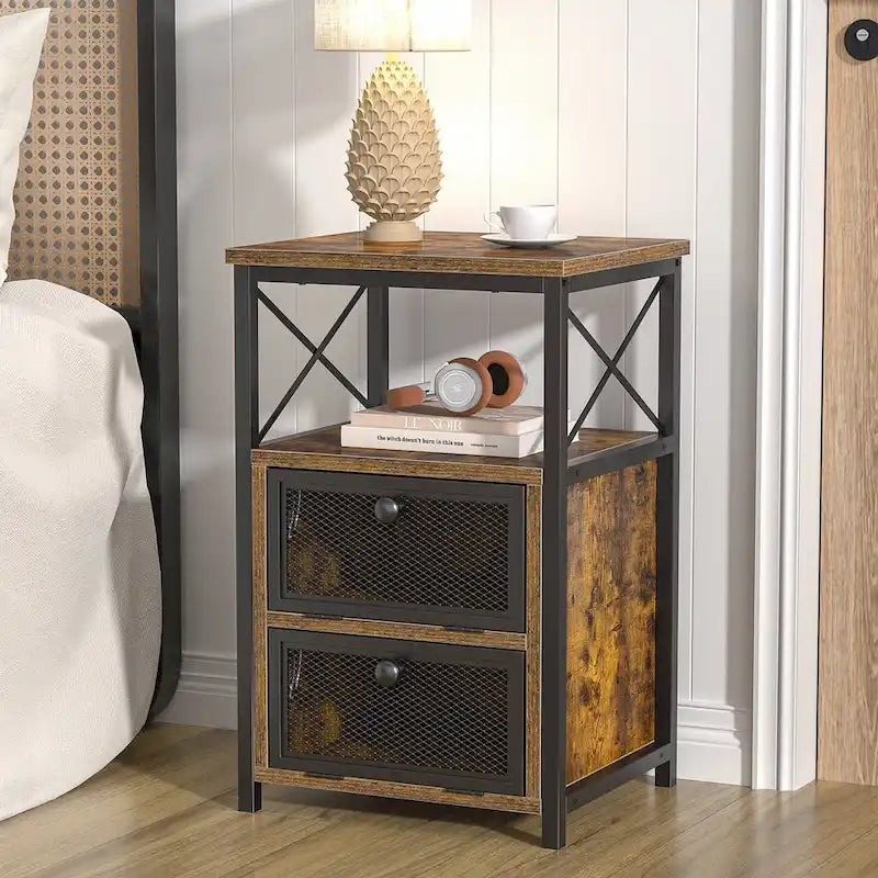 Table de chevet compacte avec 2 tiroirs à abattant et étagère de rangement