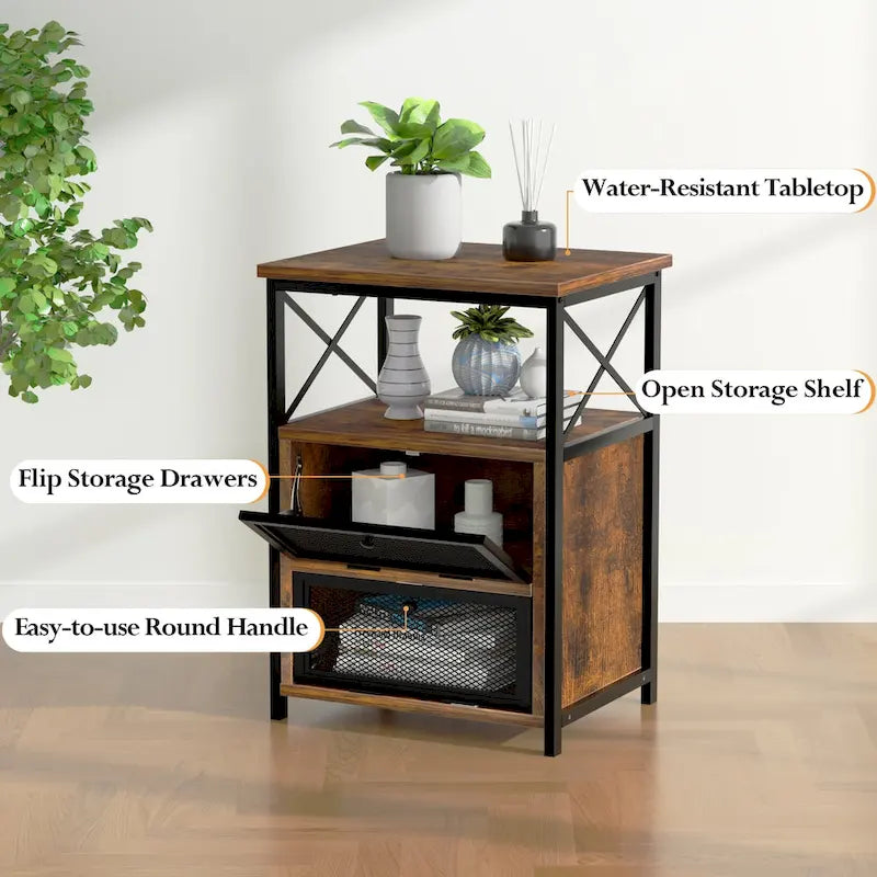 Table de chevet compacte avec 2 tiroirs à abattant et étagère de rangement